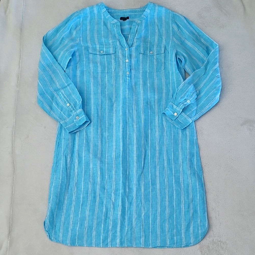 Talbots Blue Linen Striped Tunic Dress Size M Long Sleeve Beachy Boho Coastal